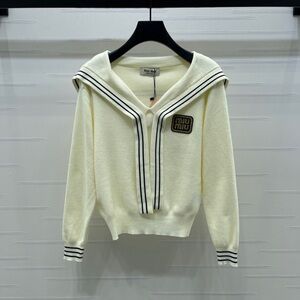 Miu Miu Cream Sailor-Collar Knit Pullover with Navy Stripes